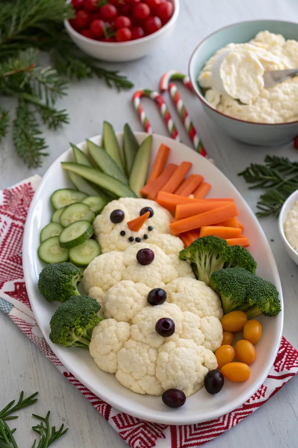 An adorable snowman veggie tray to brighten your holiday table with charm.