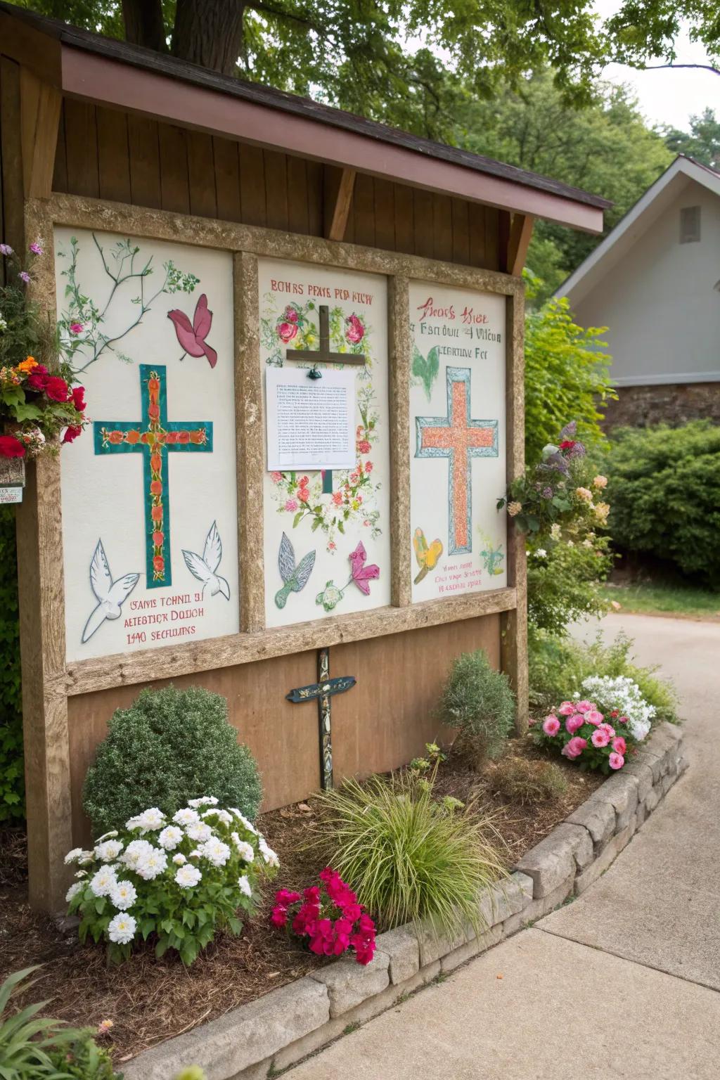 A spiritual artwork display on a church announcement board.