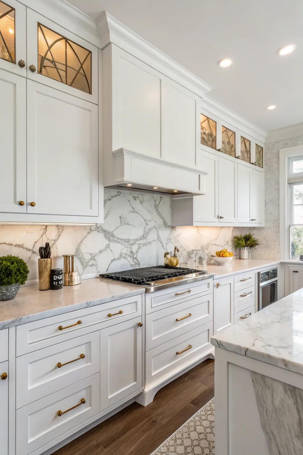 Elegant stone backsplash elevates the luxury of this kitchen.