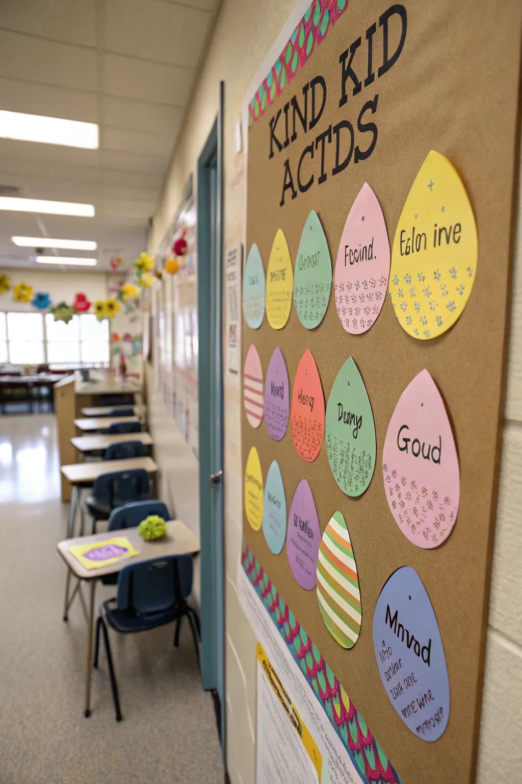 A bulletin board centered on generosity, encouraging virtuous deeds via Easter tokens.