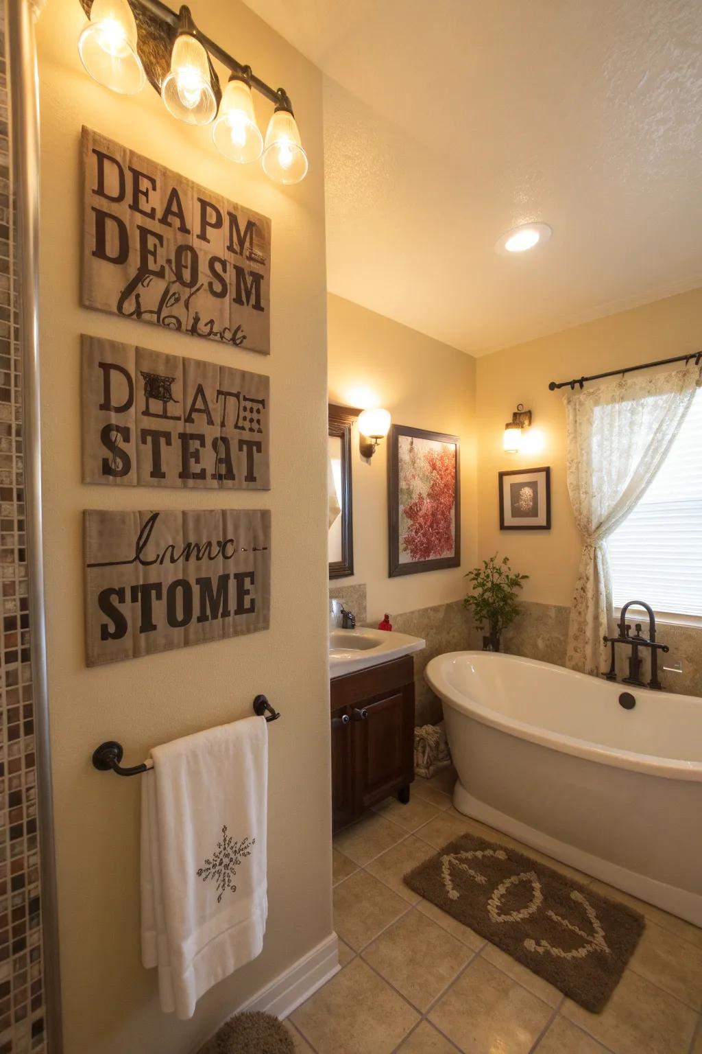 A bathroom improved with art that uses words, inspiring and making the space personal.