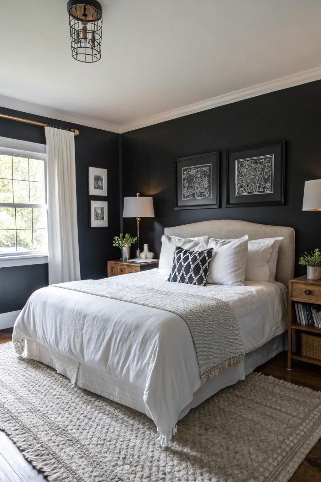 Bold ebony walls evoke a dramatic and cozy environment.