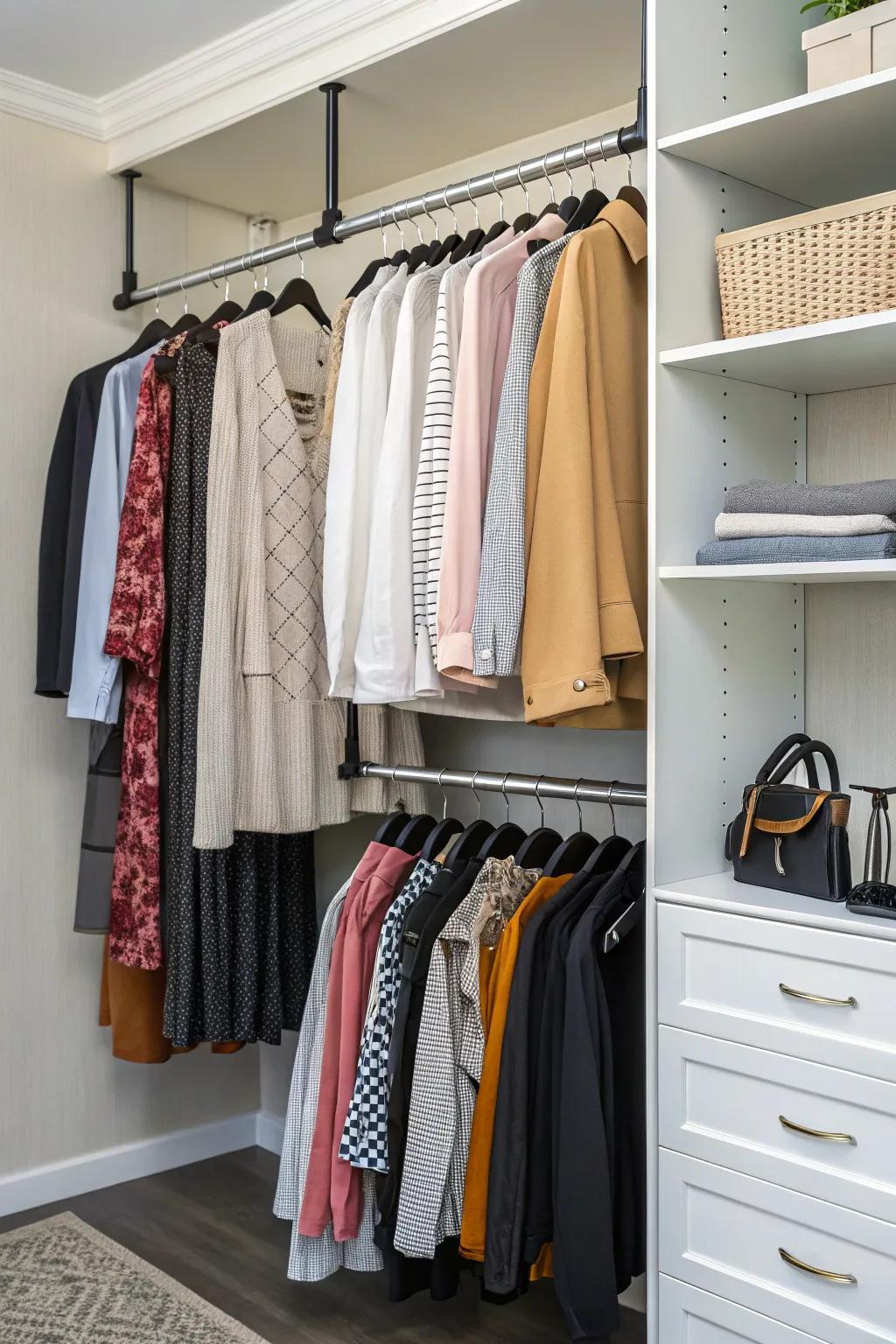 Adaptable rods offer versatile storage solutions to cater to evolving needs and closet sizes.