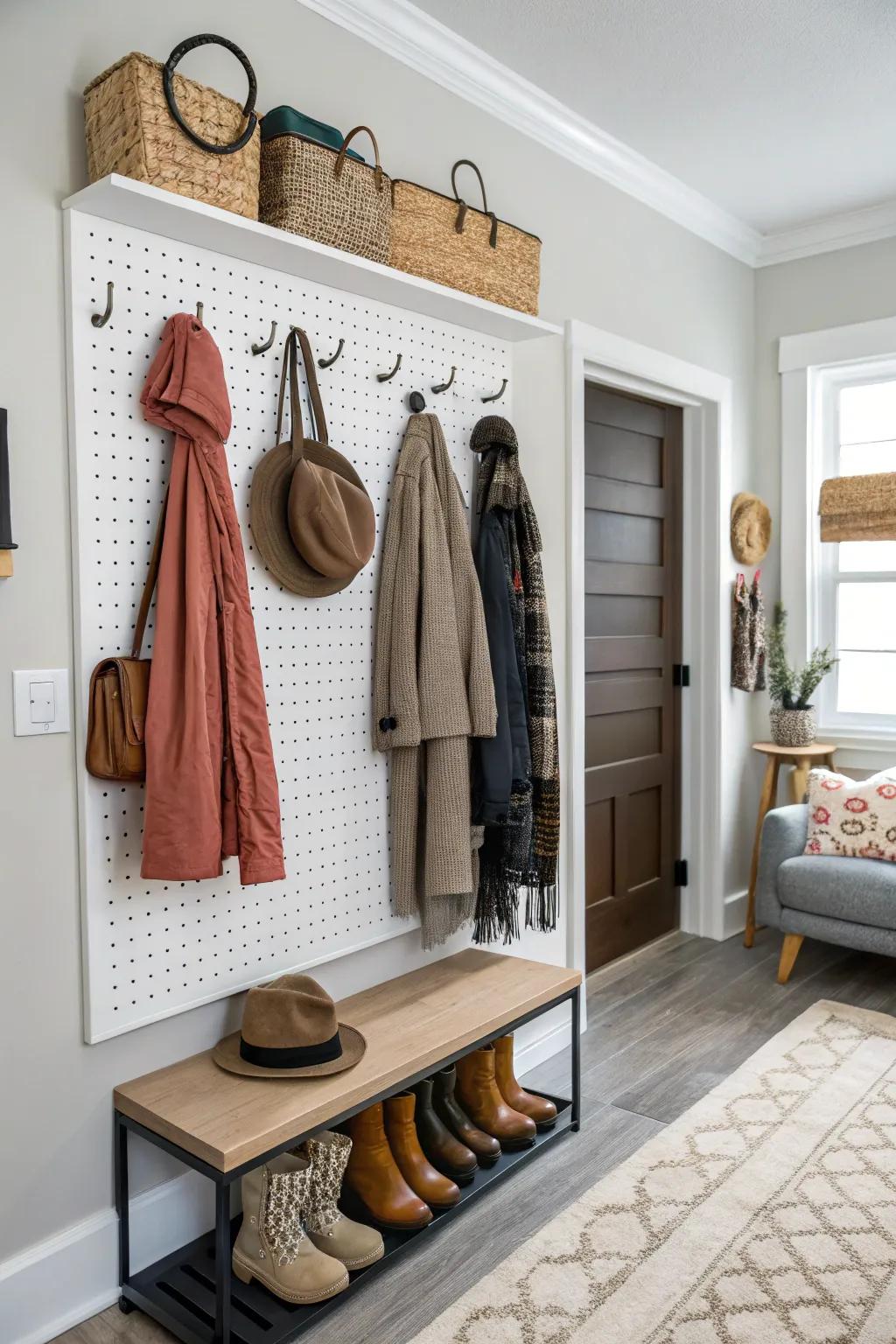 This pegboard is highly adaptable, lending itself to many storage options.
