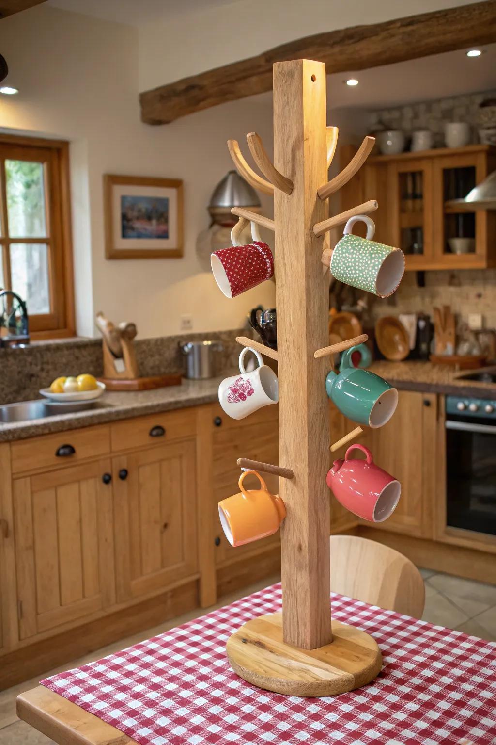 A mug tree displays a vibrant mug collection.