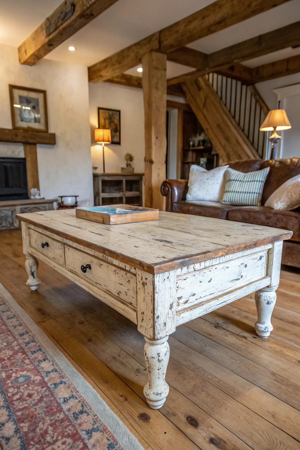 Weathered layers infuse vintage allure into your space.