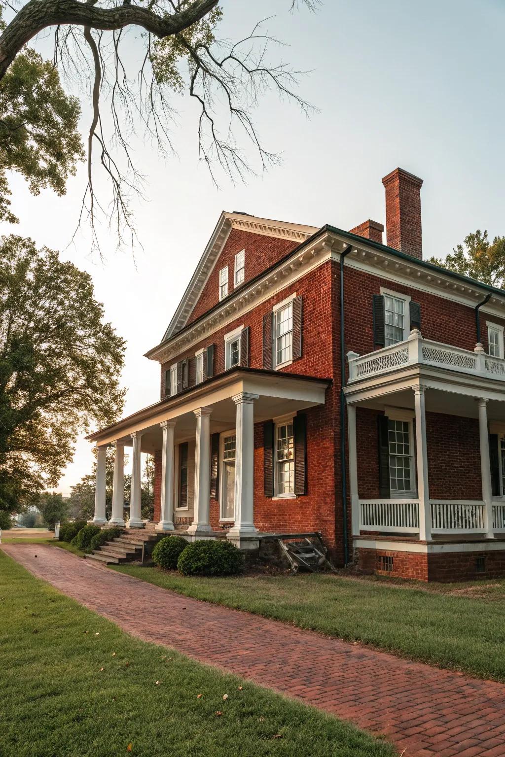 Colonial house with a red brick front.