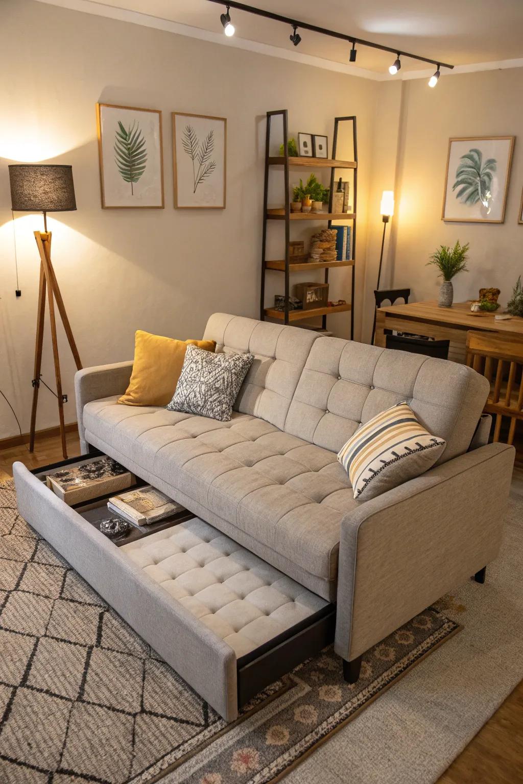 A convertible sofa that transforms into a bed for guests.