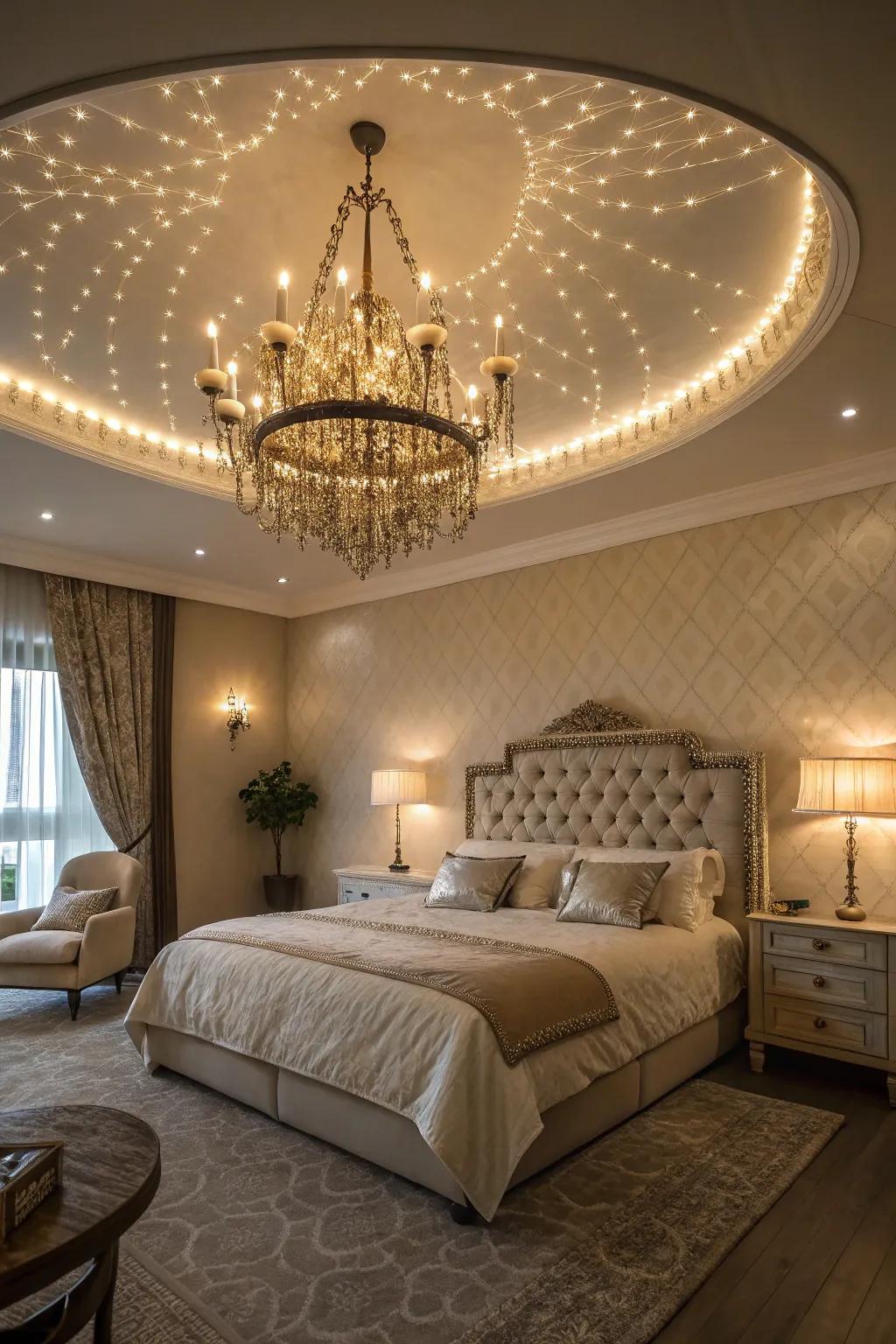 Distinctive lighting fixtures bring character and warmth to the bedroom.