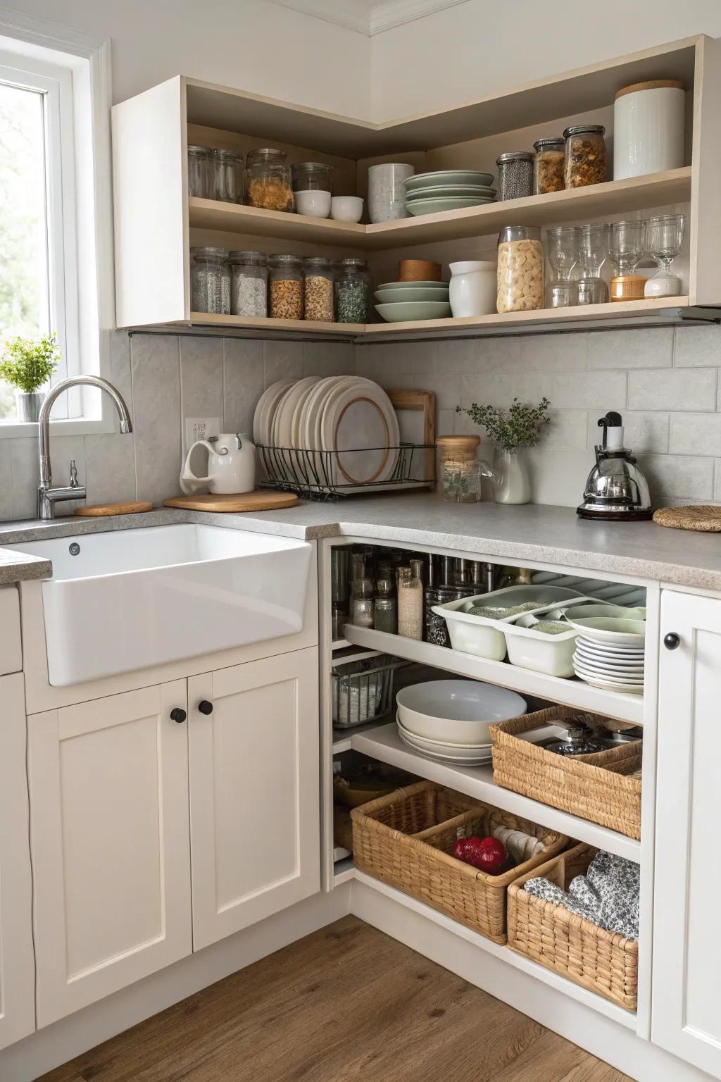 Corner cabinets and racks providing effective storage solutions around a corner sink.