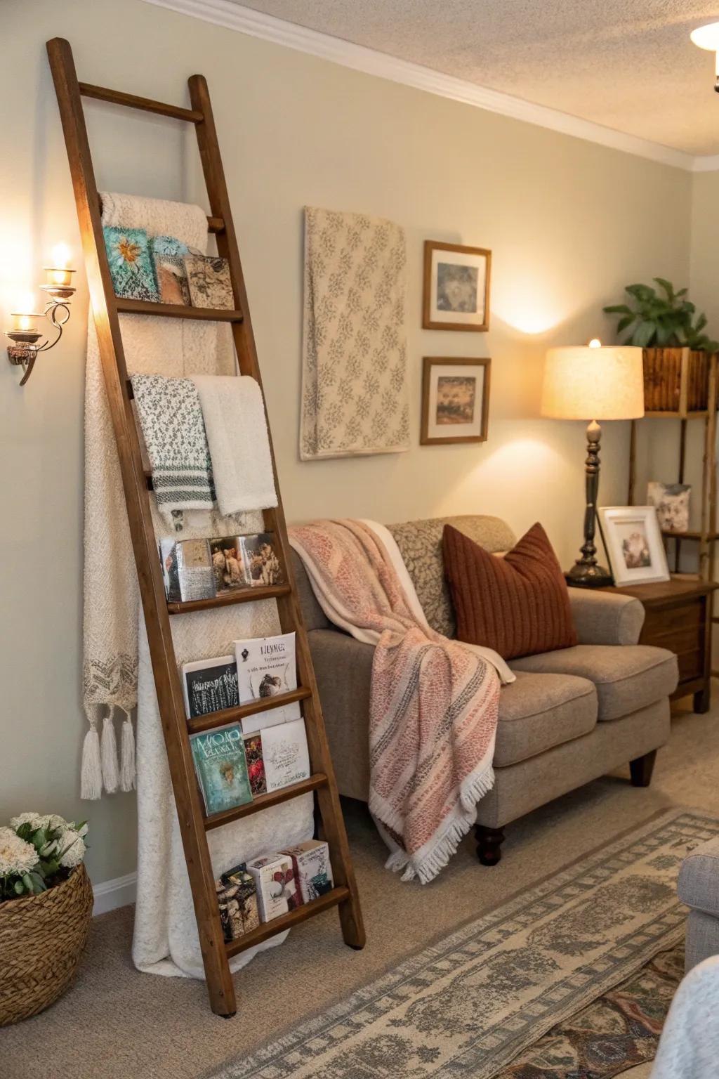 A decorative ladder provides a rustic accent and functional storage to your corner.