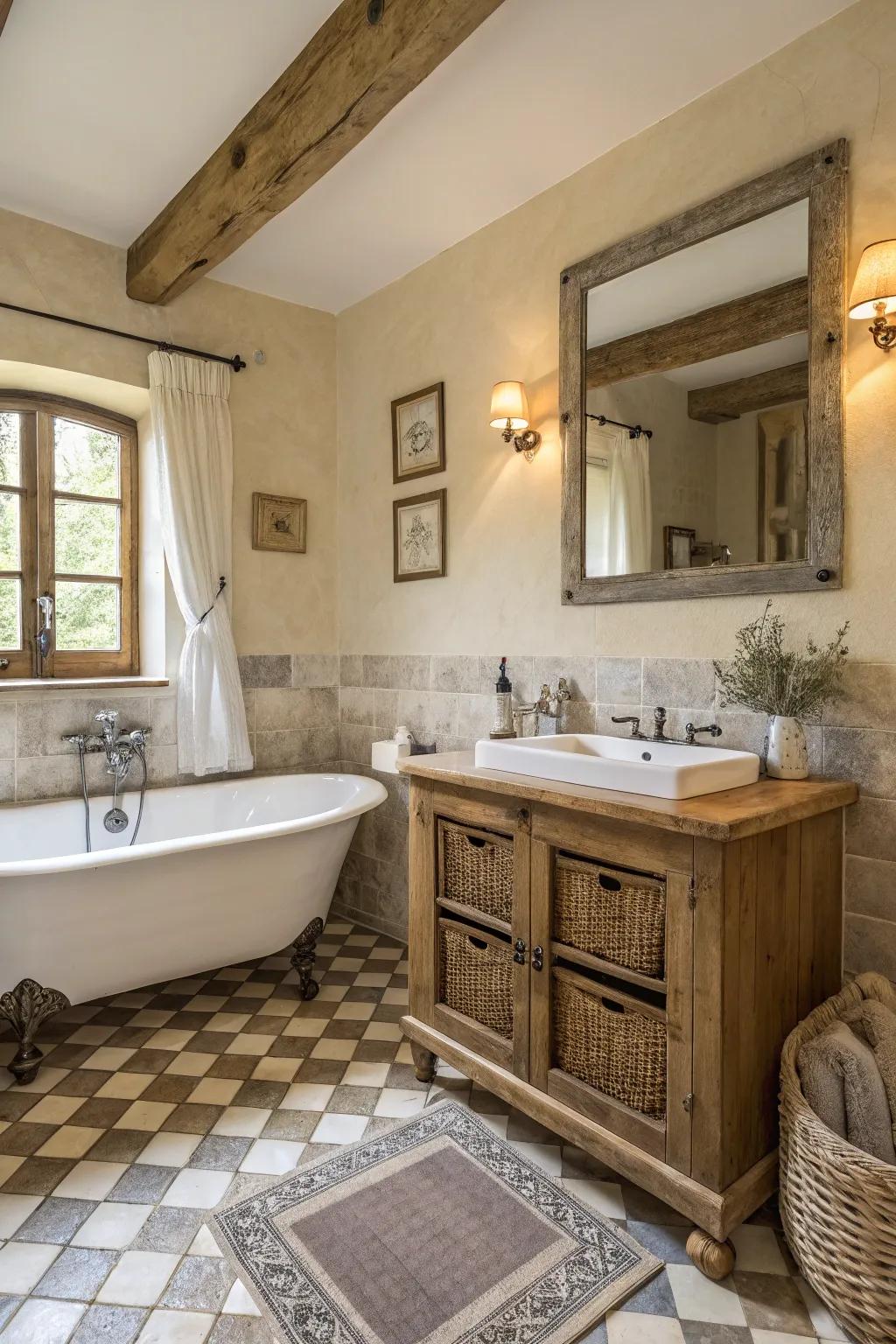 Neutral tones establish a tranquil mood in this country bathroom.
