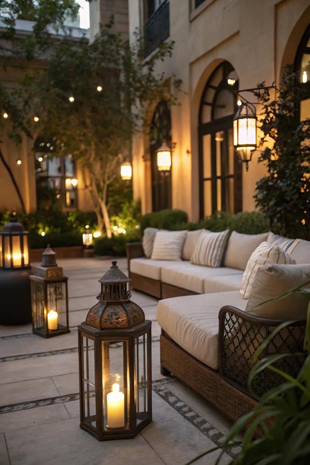 Lighting fixtures add a soft, personal glow to a patio seating area.