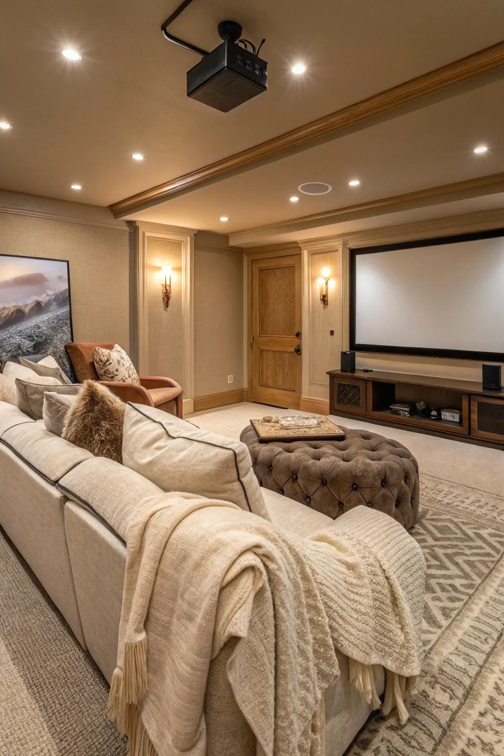 Inviting shades and delicate textures transform your cinema room into a welcoming space.