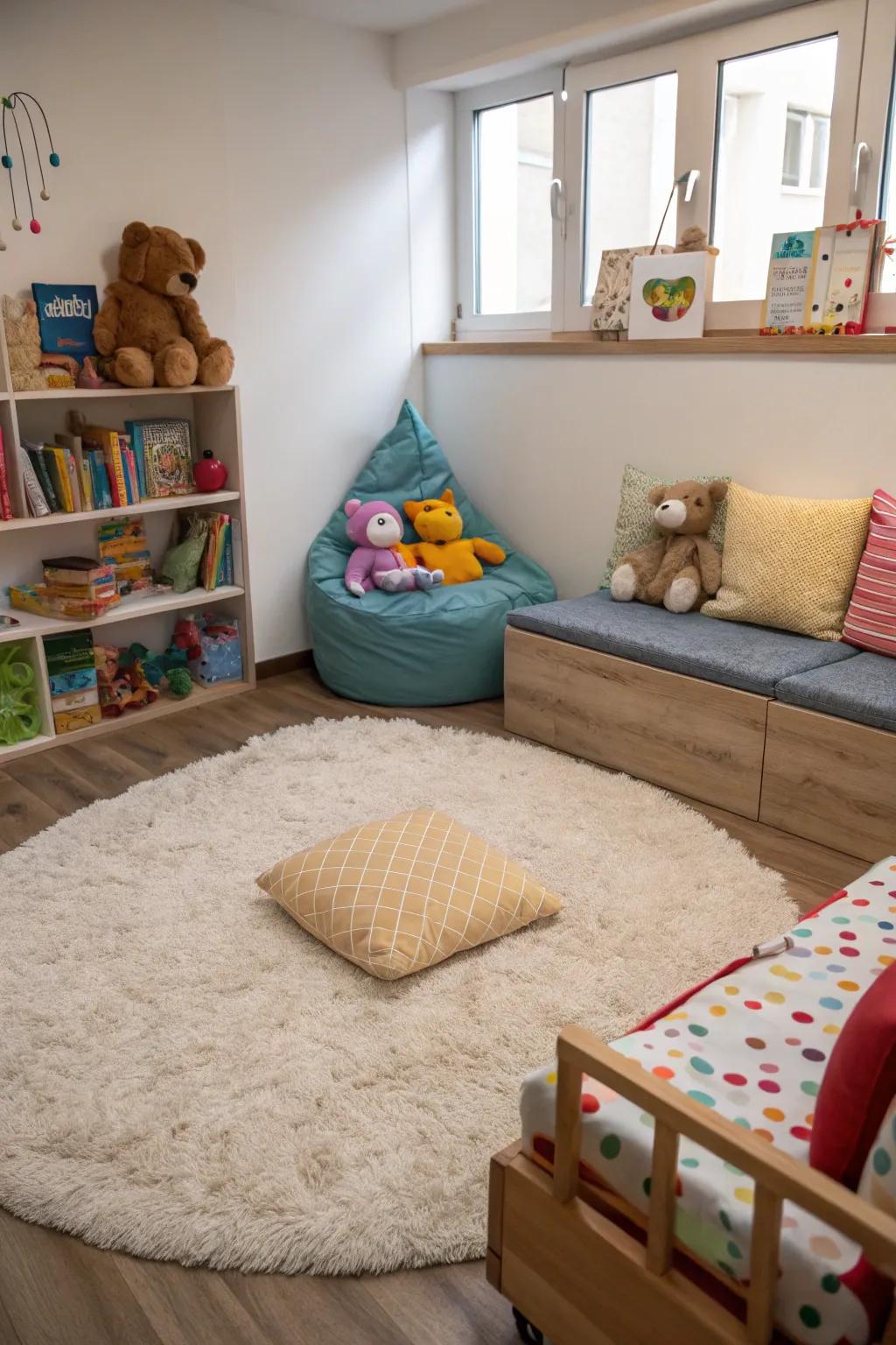 Deluxe rugs define and soften the comforting corner space.