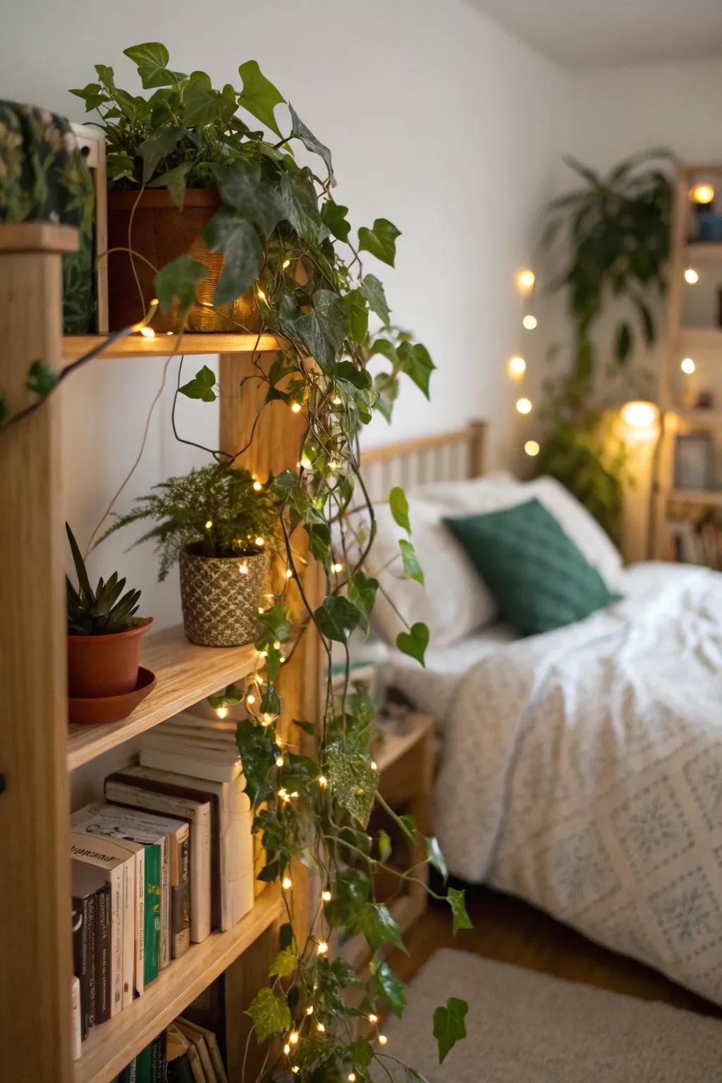 Indoor plants entwined with fairy lights in a bedroom.