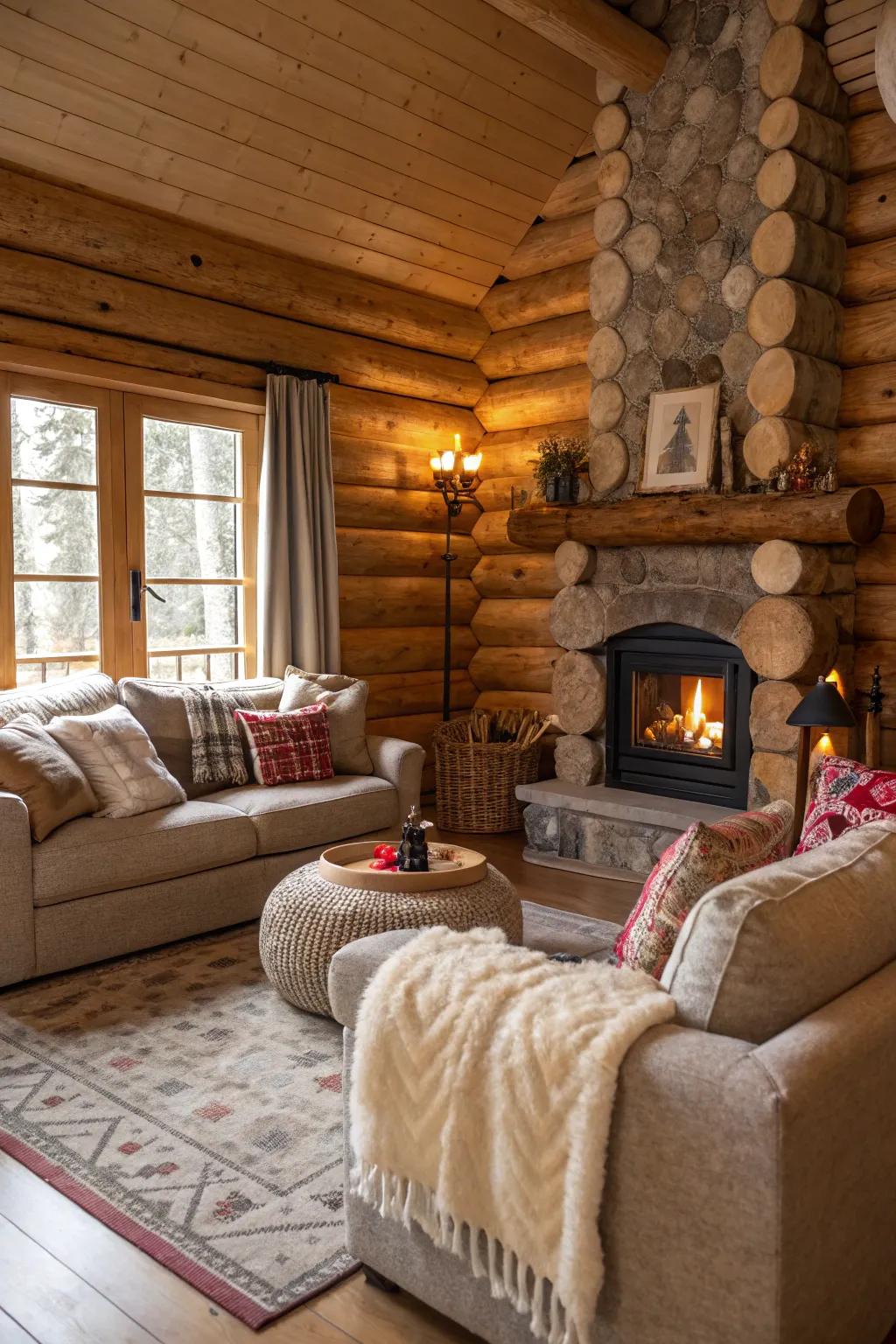 An inviting, plush seating area is perfect for sinking into relaxation within a log cabin, promising moments of peace.