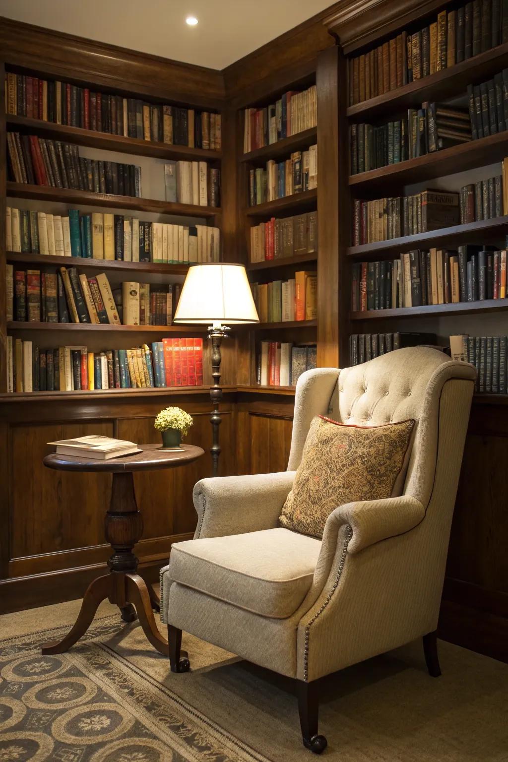 Bookshelves create a beautiful and functional backdrop for a cozy reading nook.
