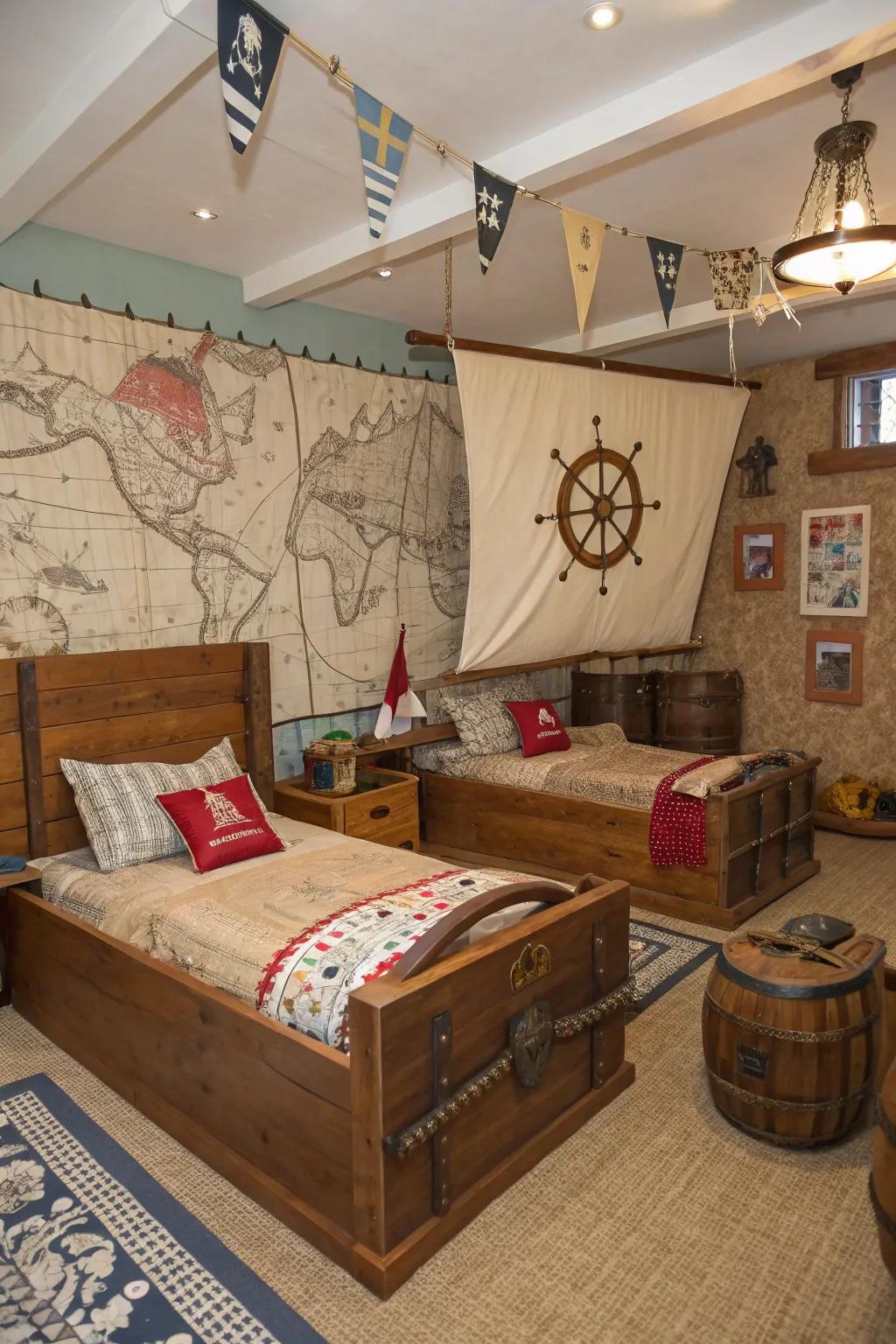 A pirate-themed bedroom featuring ship-resembling beds and treasure details.