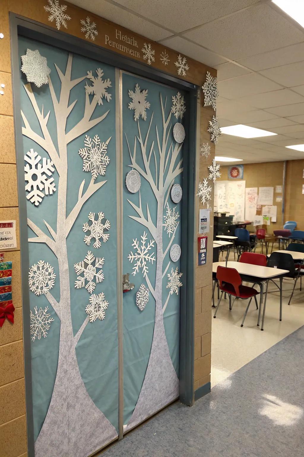 An educational doorway transmuted into a tranquil icy dreamscape, complete with blizzard flakes and glacial timbers.