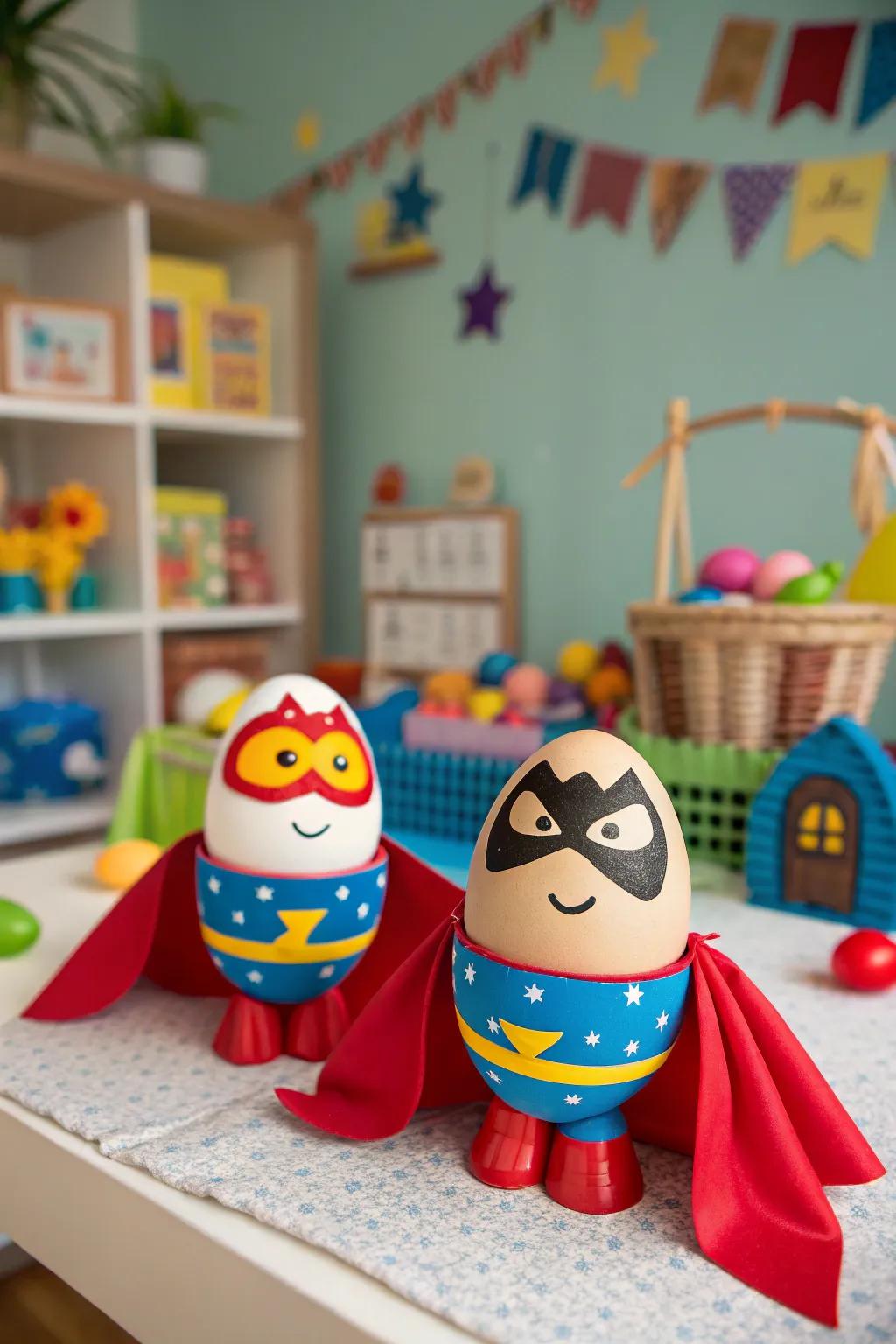 Eggs transformed into superheroes, poised to save the day with playful decor.