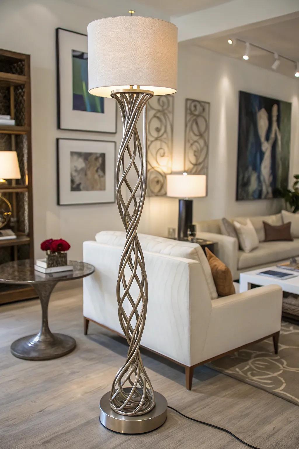 A sculptural metal lamp stands as a captivating centerpiece in a stylish living room.