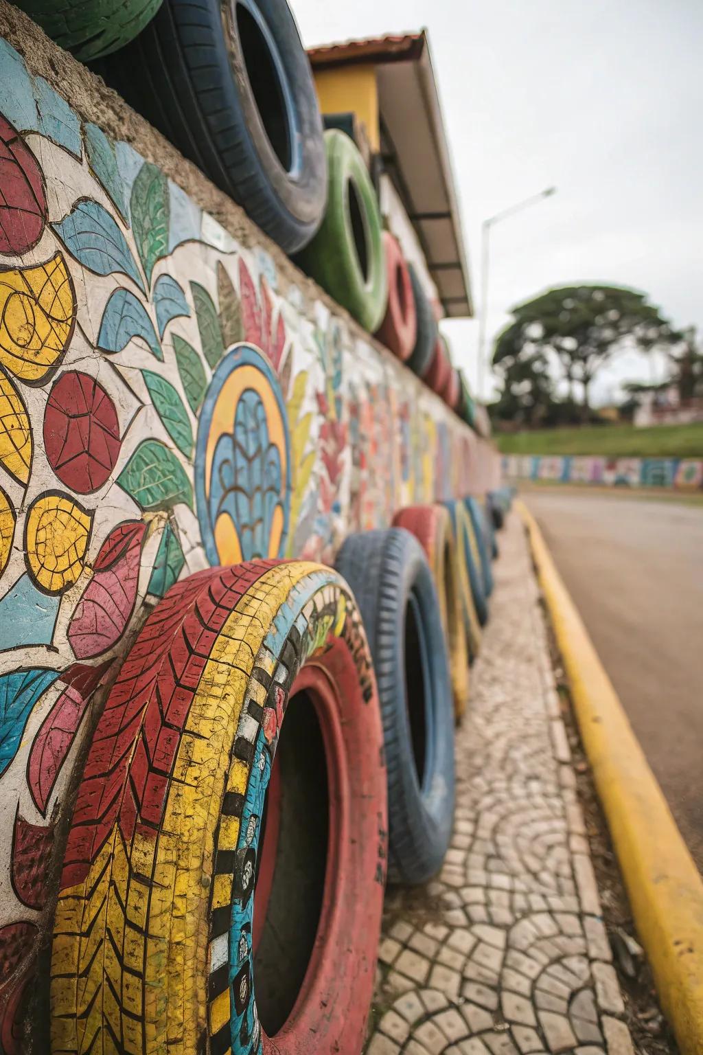 Artistic mosaic wall using colorful tires as creative elements.