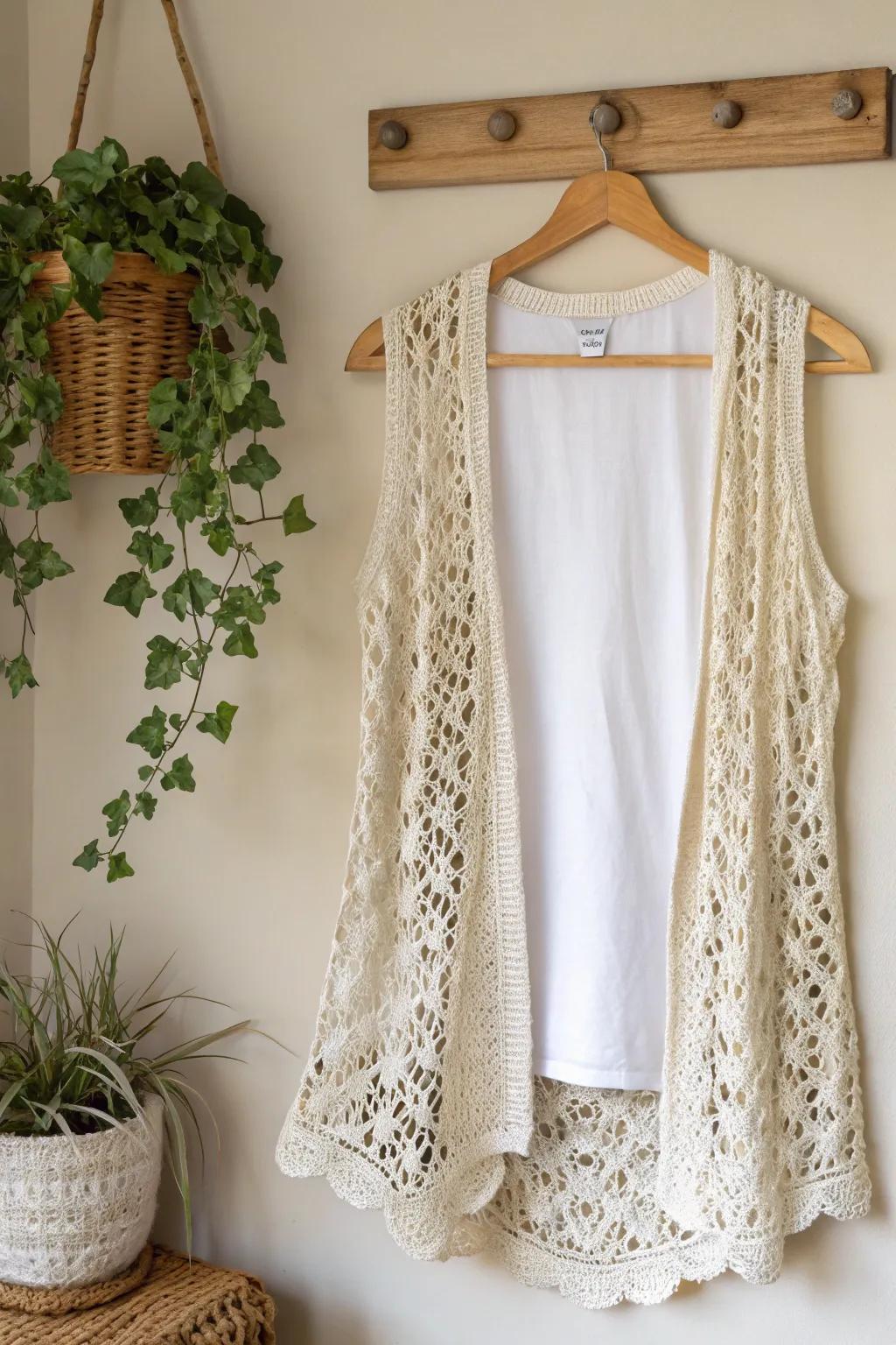 Embrace refinement with a delicate crochet vest, ideal for effortless layering.