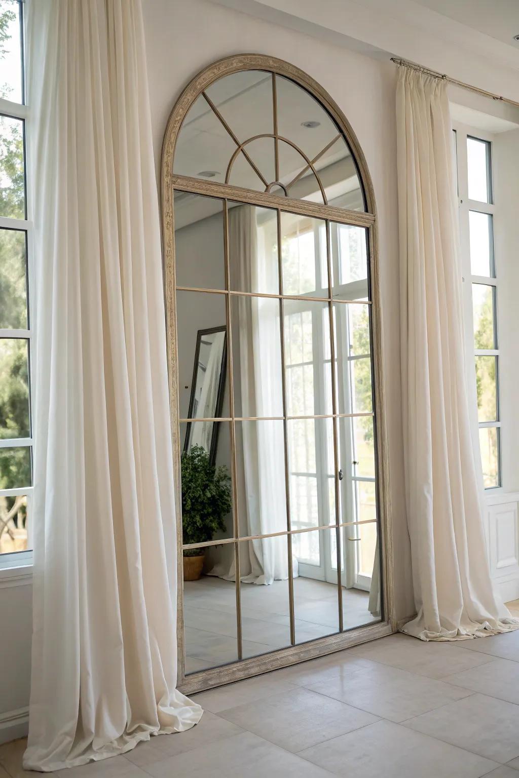 Curtains combined with a mirror to create a spacious impression.