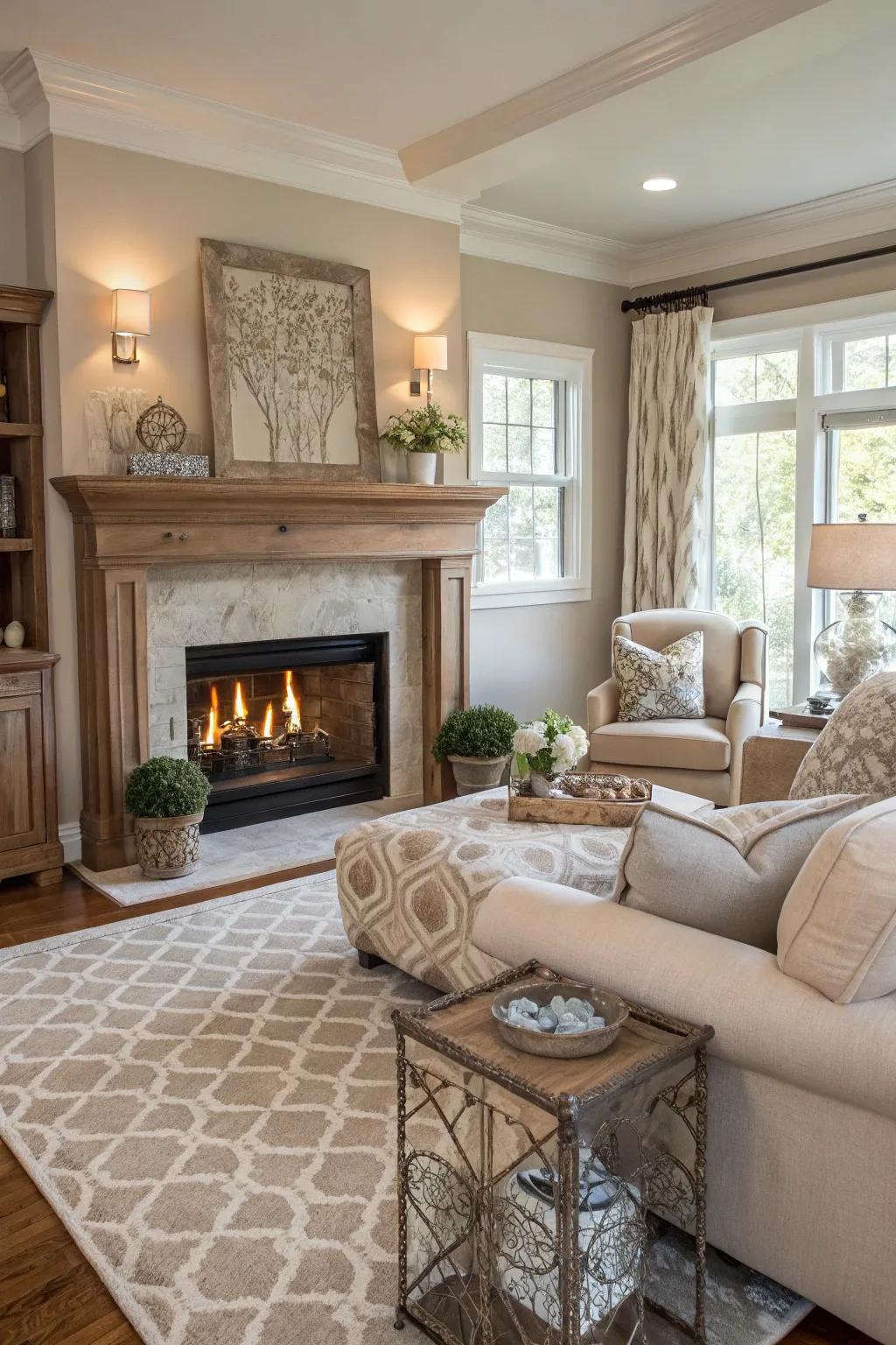 A neutral-toned fireplace blends effortlessly with its surroundings.