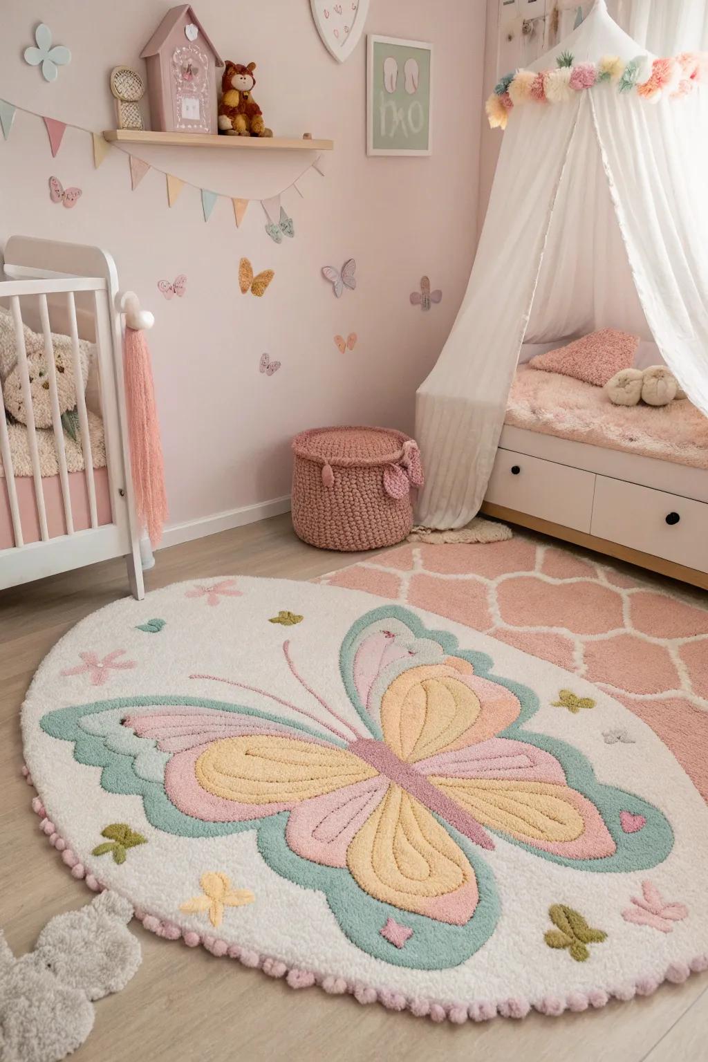 A flying insect-shaped rug adds a touch of magic to a child's room.