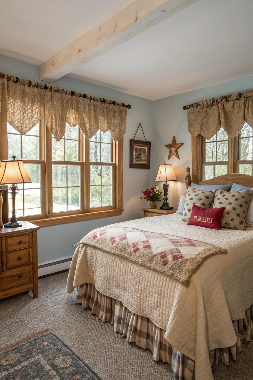 Bestow rustic charm upon your guest suite with burlap valances.