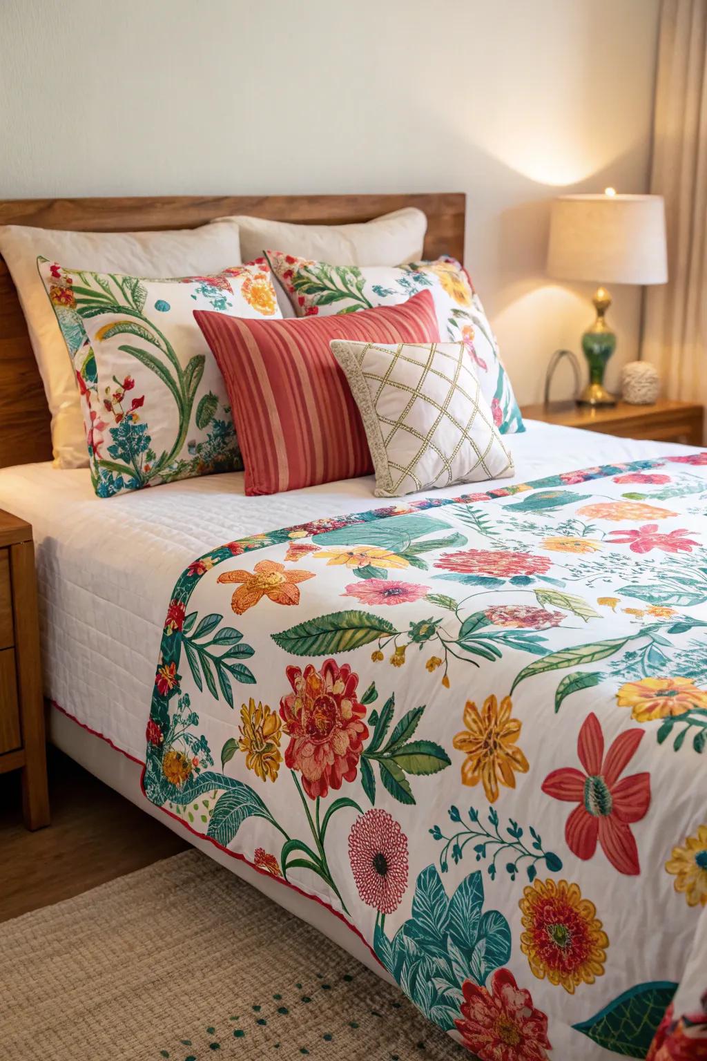 Vibrant bedding brings life to the bedroom.