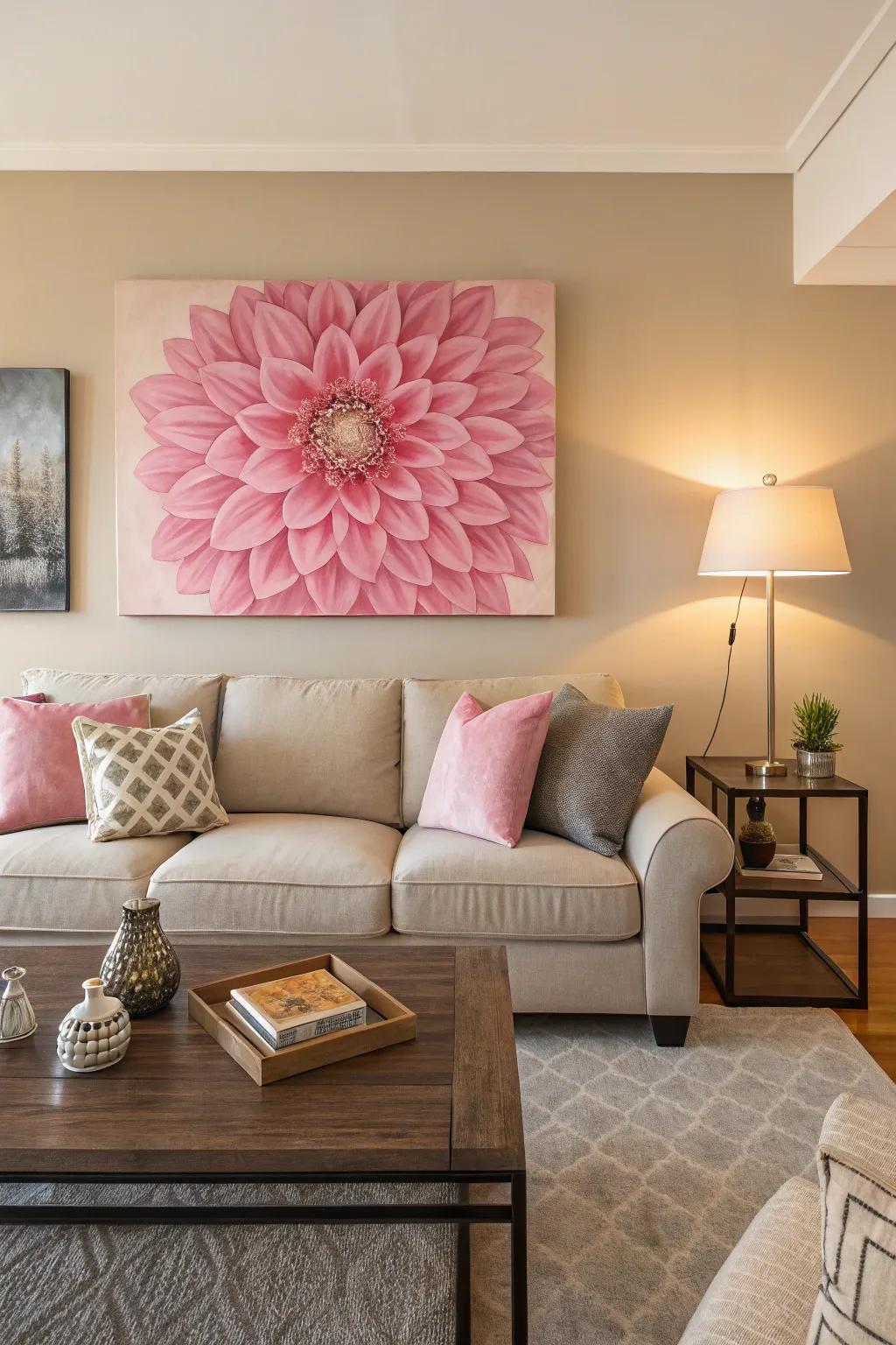 Rose wall art infuses individuality and color into the living room.