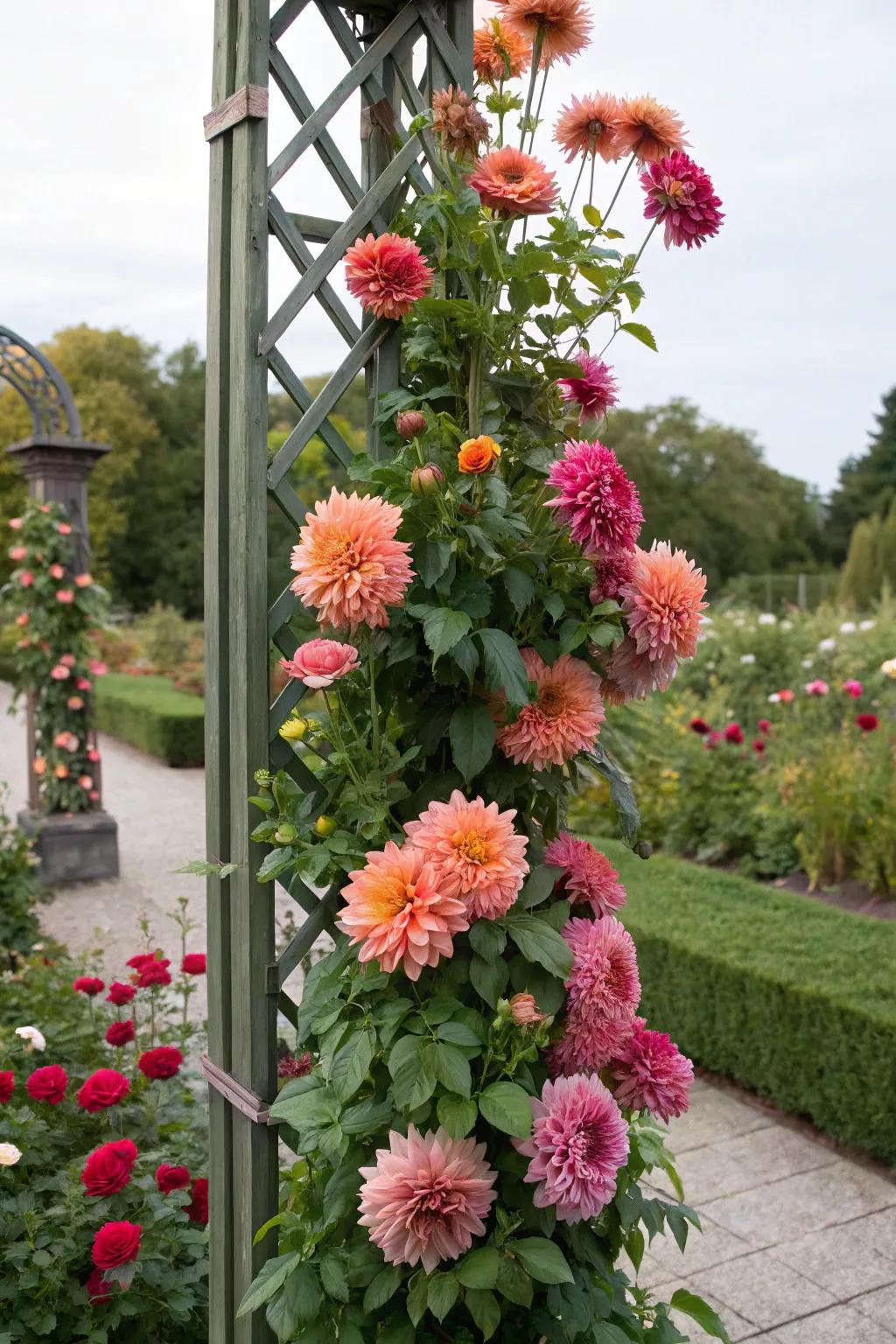 Asters ascending to new heights on a garden frame.