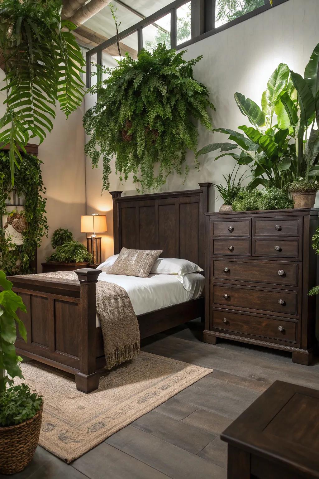 Foliage adds vitality and symmetry to a bedroom styled in browns.