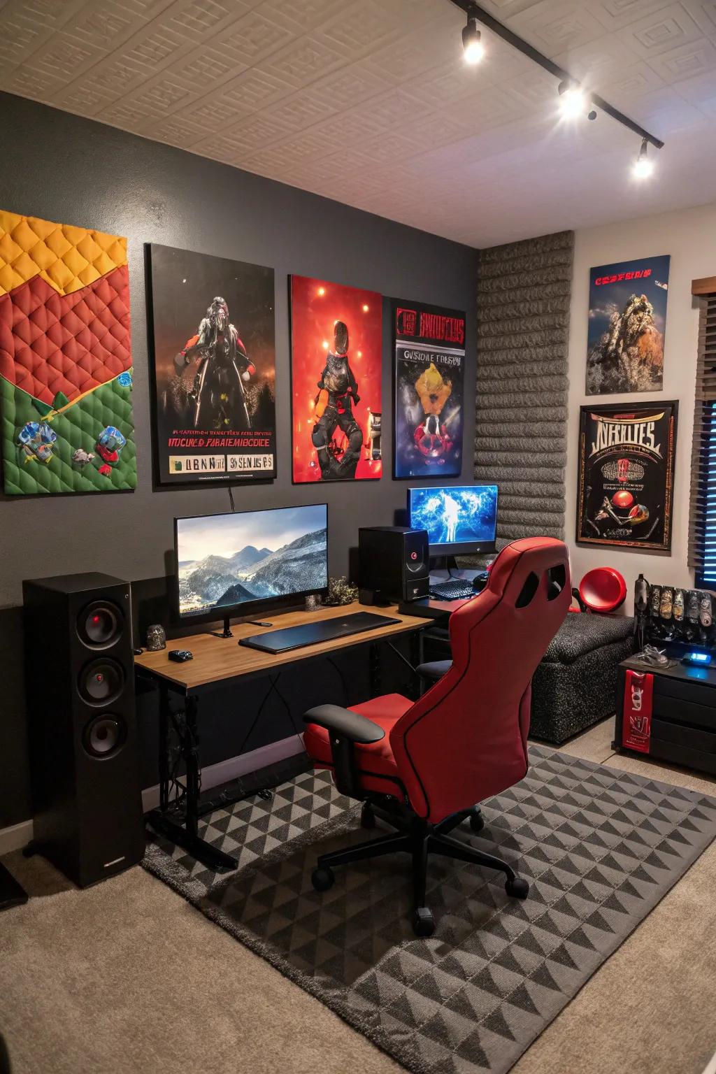 Personalize your gaming room using themed wall decorations and sound-absorbing panels.