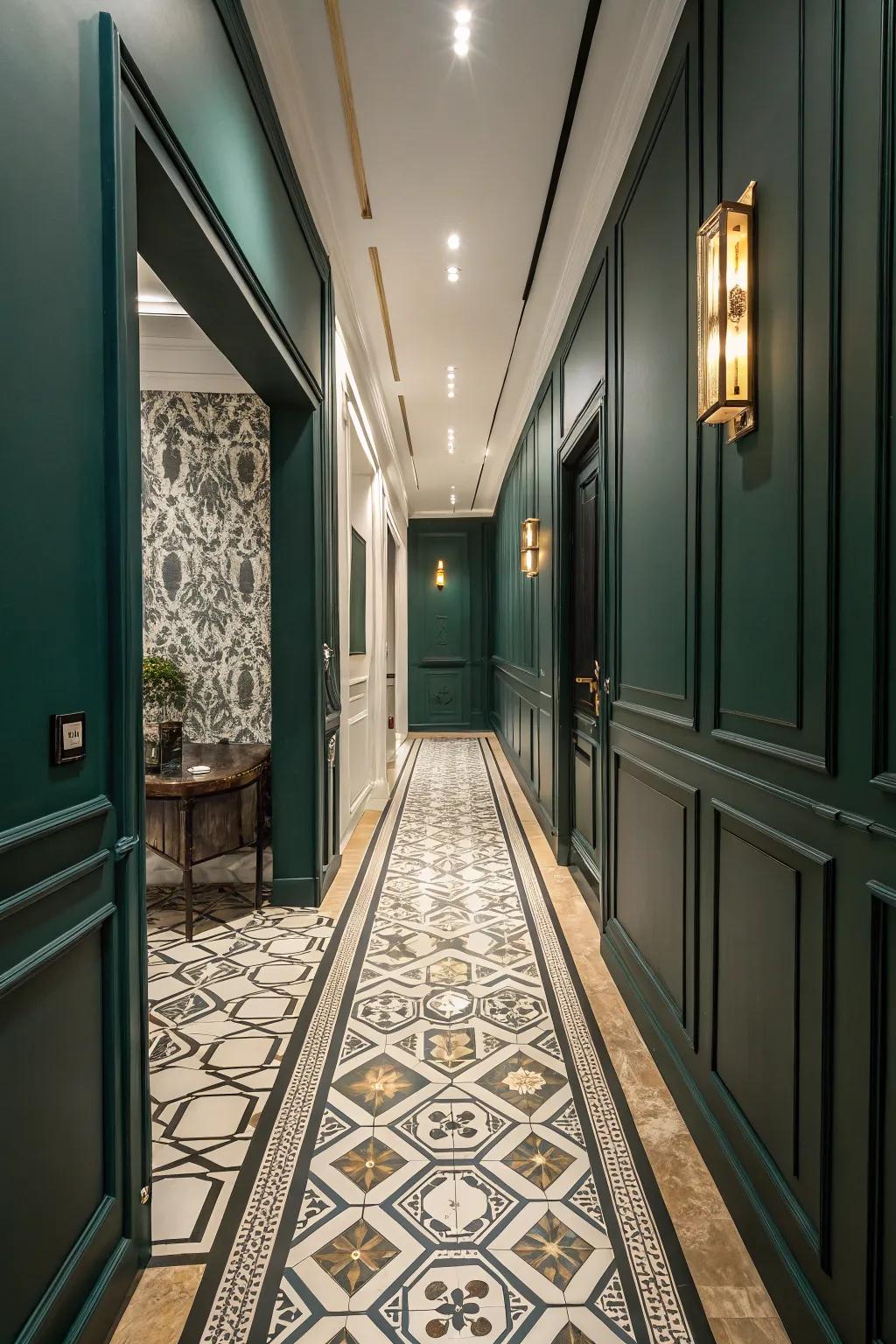 Geometric tiles bring design to this forest green hallway.