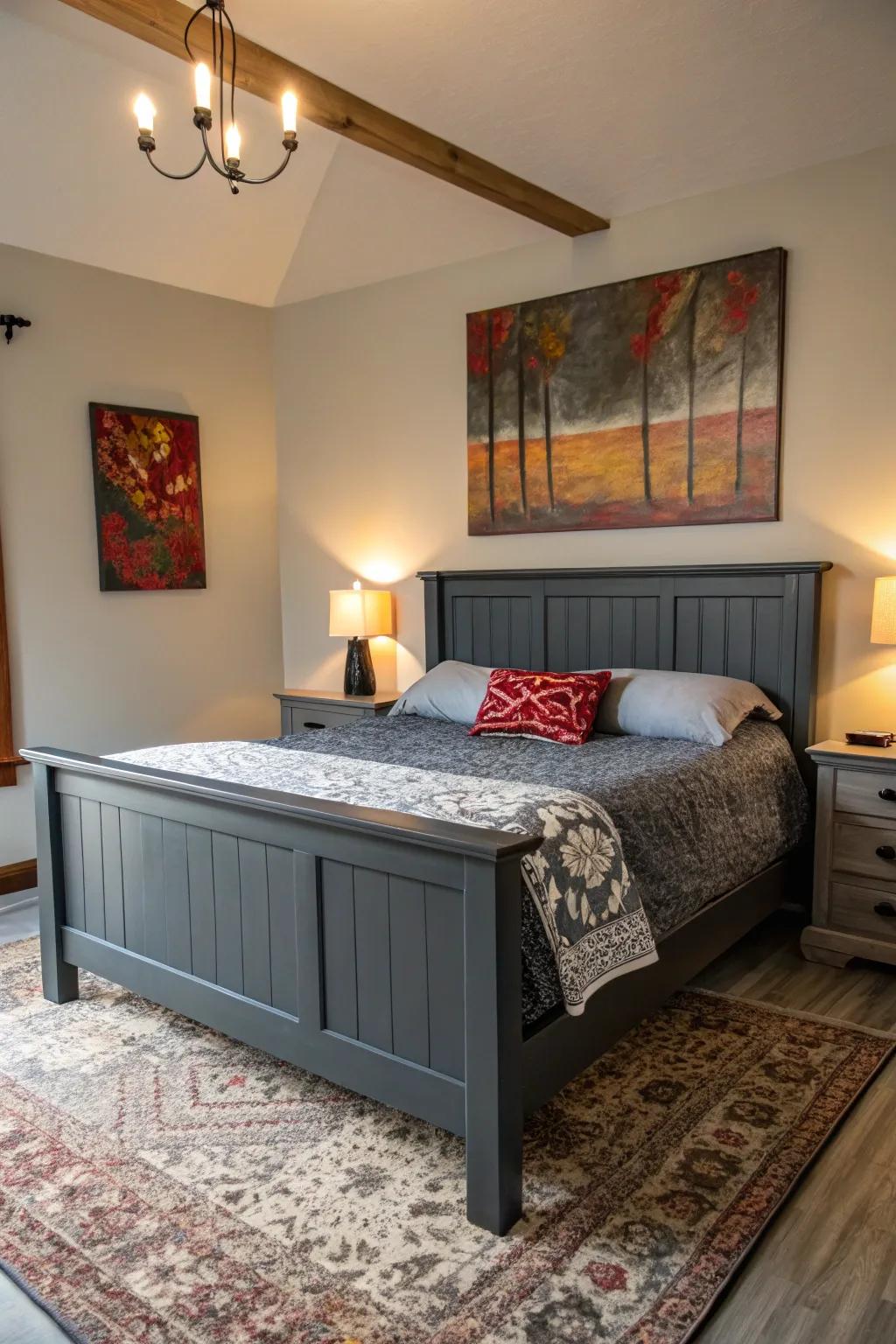 A bedroom showcasing a dark charcoal sleeping platform complemented by strong artwork.