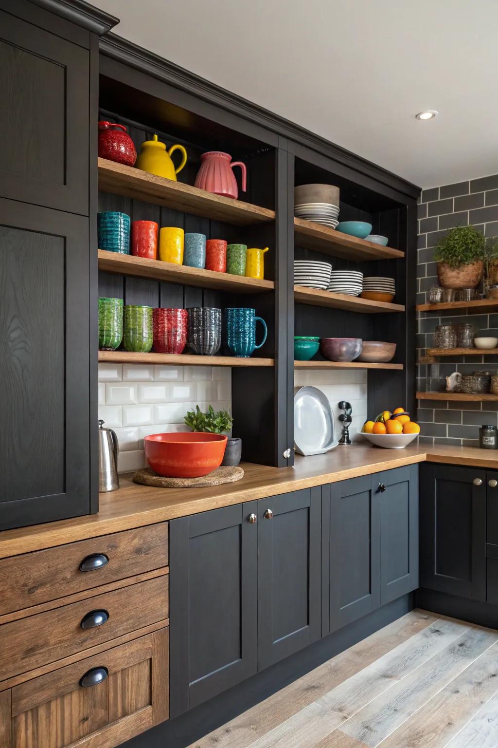 Open shelving lends charm and character to a kitchen featuring dark cabinetry.