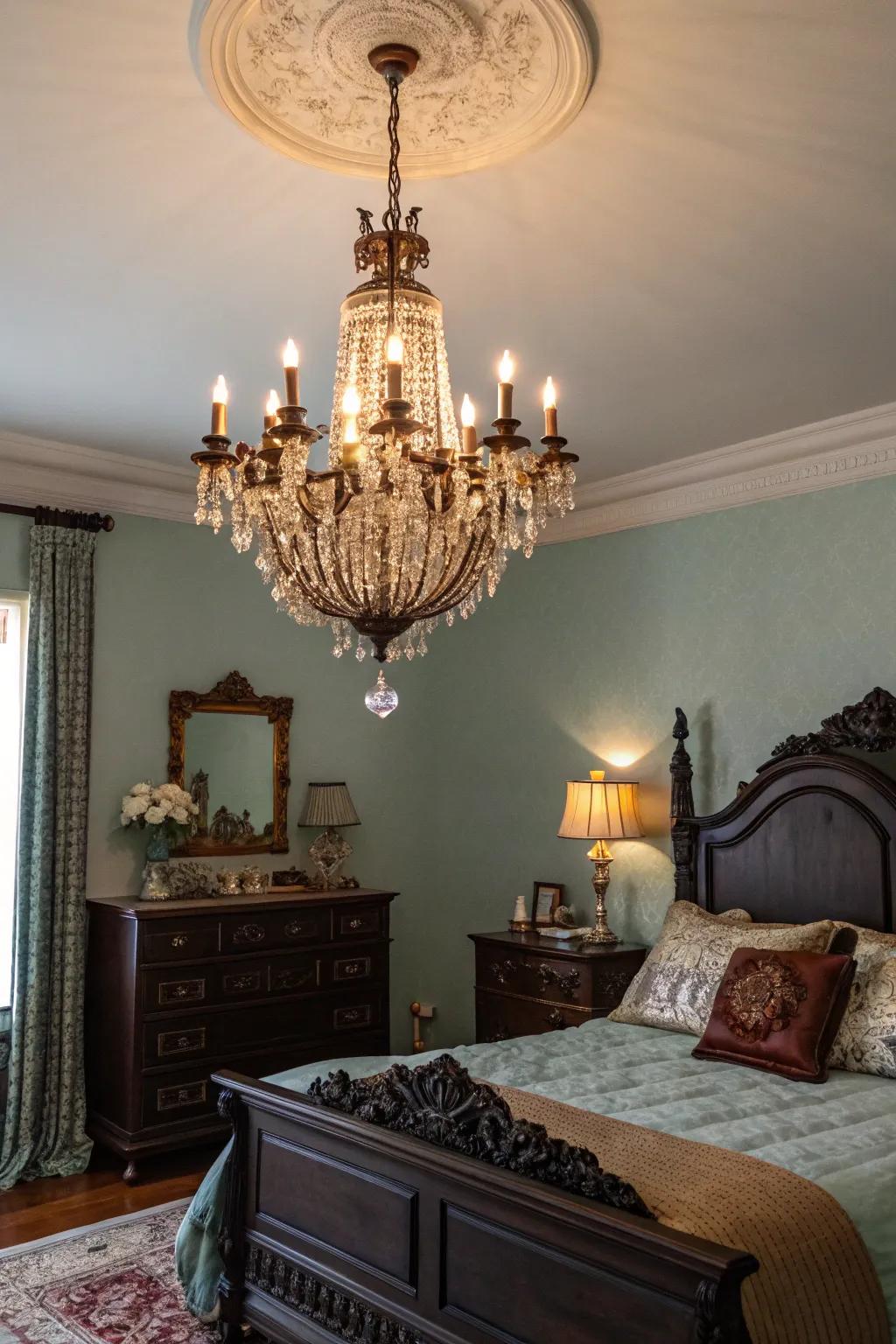 A vintage-inspired chandelier serves as a sophisticated centerpiece in a shadowy, old-fashioned bedroom.