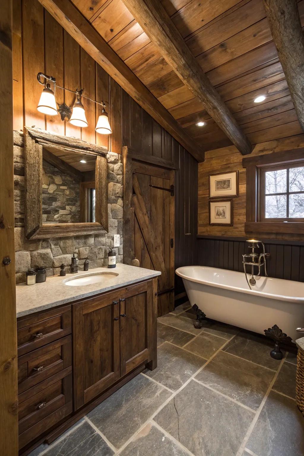 Natural wood panels establish a textured backdrop for this welcoming bathroom.