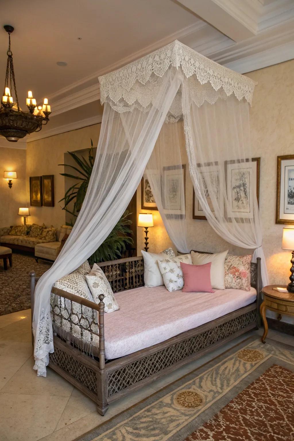 An ornate canopy elevates this daybed's design, creating a stunning focal point.