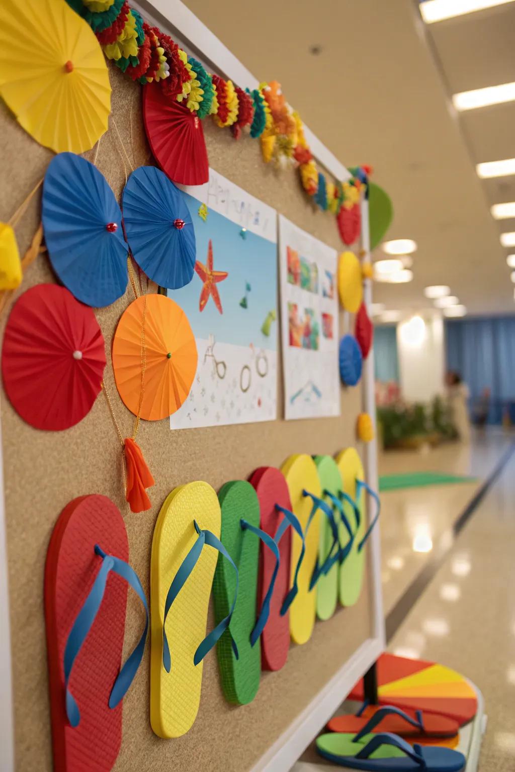 Flip Flop Fun bulletin board presenting components reminiscent of a beach outing.