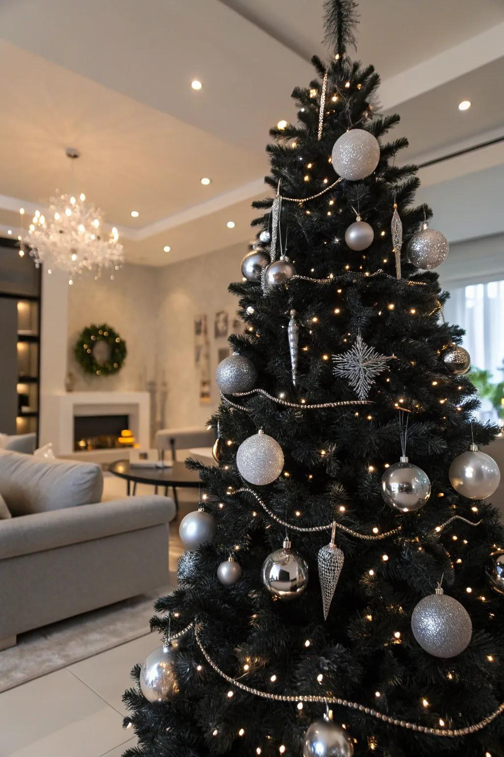 A charcoal tree with shimmering silver ornaments.