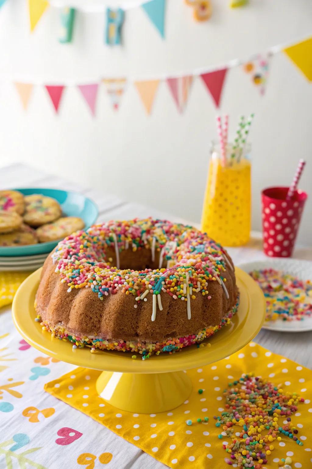 A ring cake cheerfully swathed in a medley of vibrant, playful sprinkles.