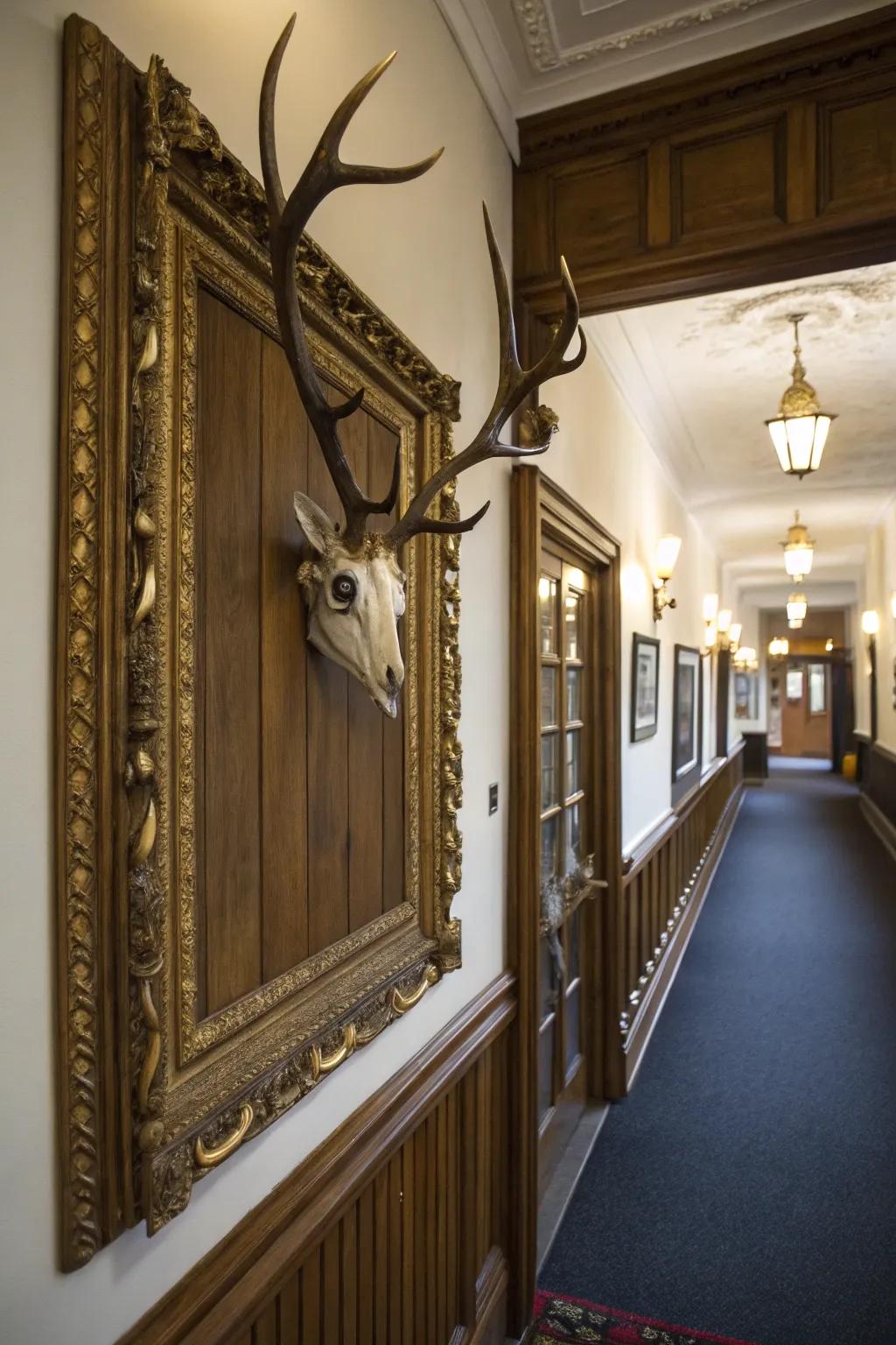 A vintage frame introduces old-world sophistication to a deer skull display.