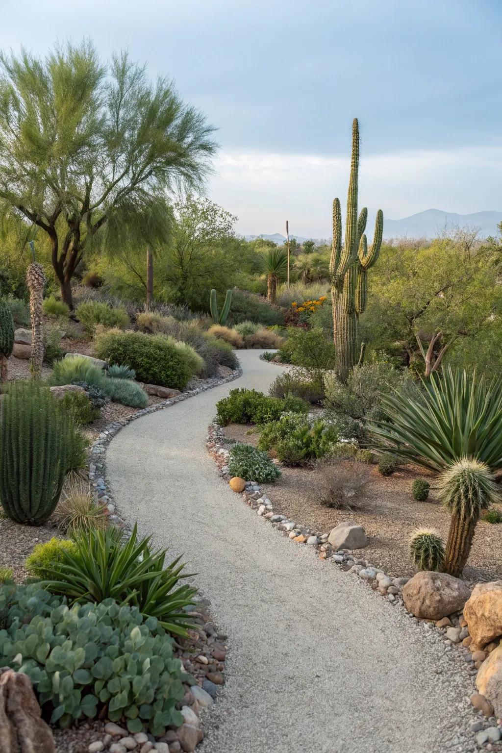 Gravel walkways forge a pristine and utilitarian blueprint amidst desert gardens.