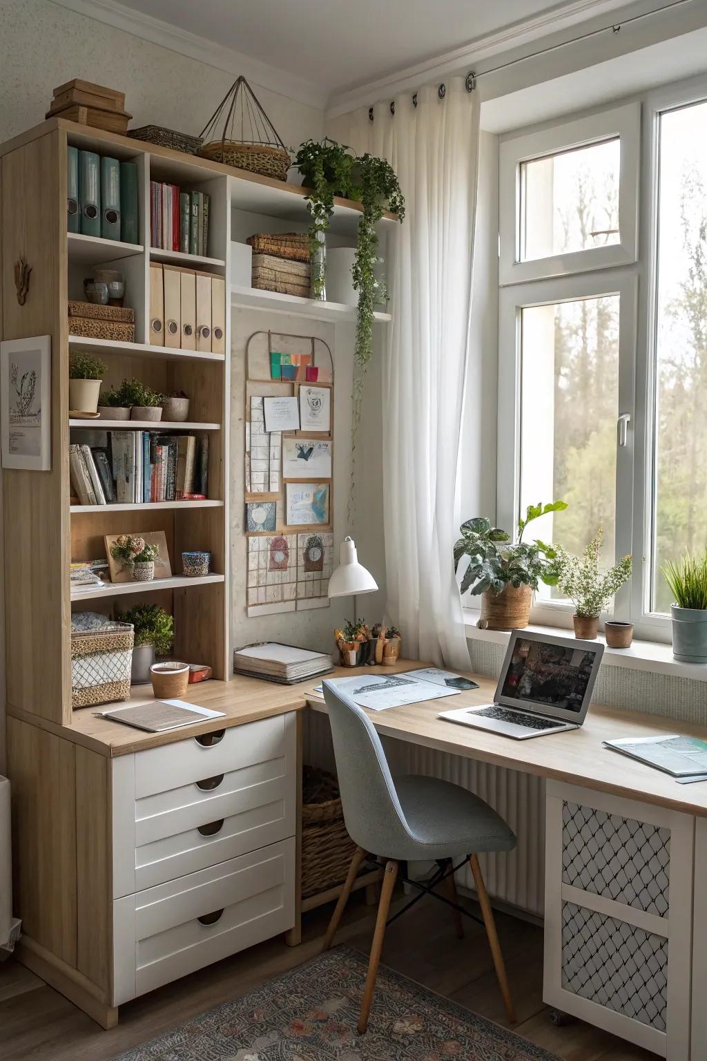 Integrated storage keeps the workspace organized and clutter-free.