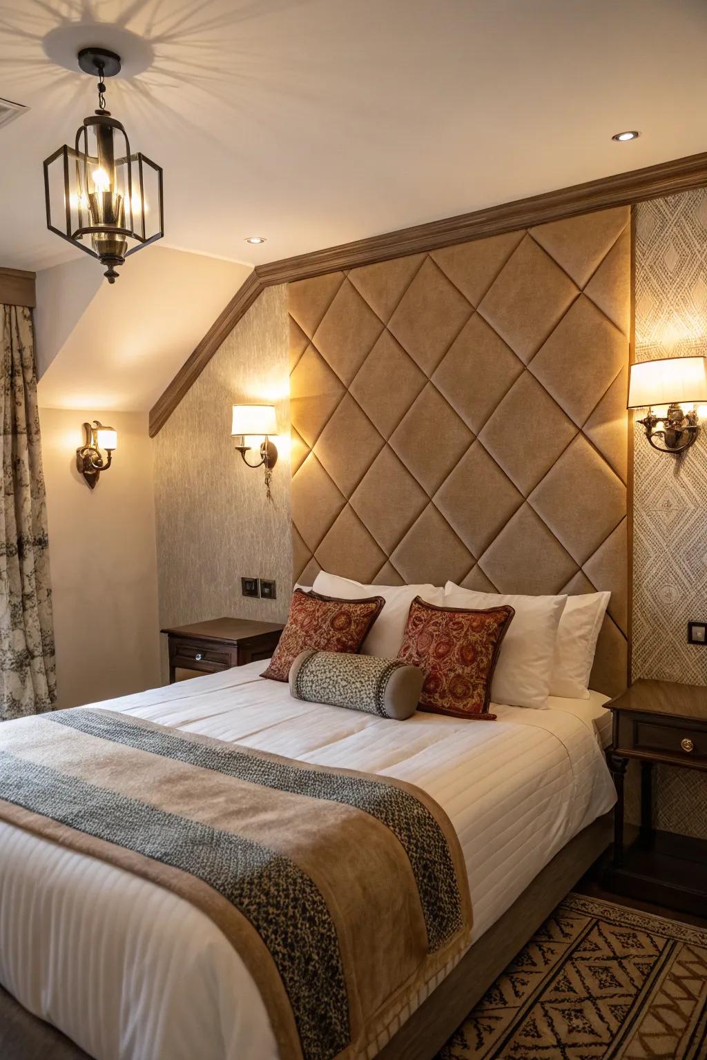 Thoughtful lighting elevates the comforting effect of a diagonal bed.